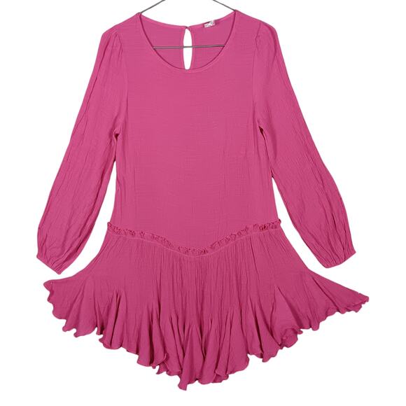 Flawless Flowy Dress Size Medium Hot Pink Gauze Material Long Sleeve Round Neck - Picture 1 of 11